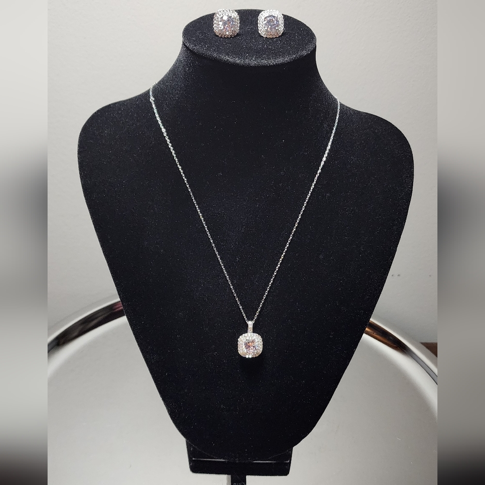 Sterling Silver Halo CZ Earrings & Necklace Set | 925 Stamped